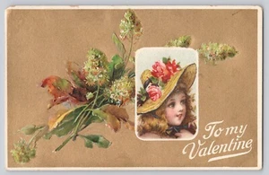 Postkarte geprägt Valentinstag Mädchen mit geblümter Haube - Bild 1 von 2