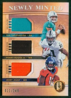086 Relic, 2020 Panini Gold Standard, Jeudy, Ruggs, Tagovailoa, #MMT10, 011/249 - Image 1 of 2