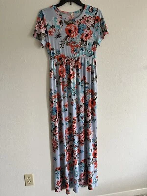 Vestido maxi rosa blush maternidade tamanho M azul laranja floral manga curta elástico - Imagem 1 de 4