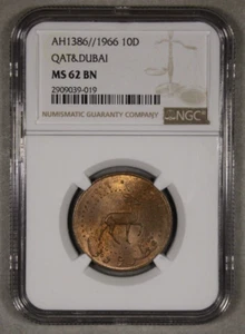 AH1386 1966 Qatar & Dubai 10 Dirhems NGC MS62 BN - Picture 1 of 4