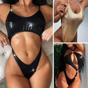 Womens Sexy Glitter One Piece Swimsuit Snakeskin Bathing Suits Cut Out Monokini - Picture 1 of 34