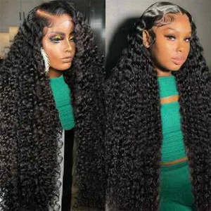 Deep Wave 13x6 HD Lace Frontal Perücke Echthaar Wasserwelle vorgezupft lockig Perücke - Bild 1 von 9