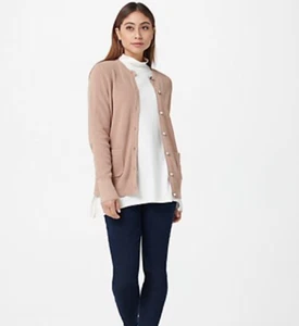 Isaac Mizrahi Live! Shaker Stich Strickjacke mit Juwelenknöpfen Cappuccino XS - Bild 1 von 3