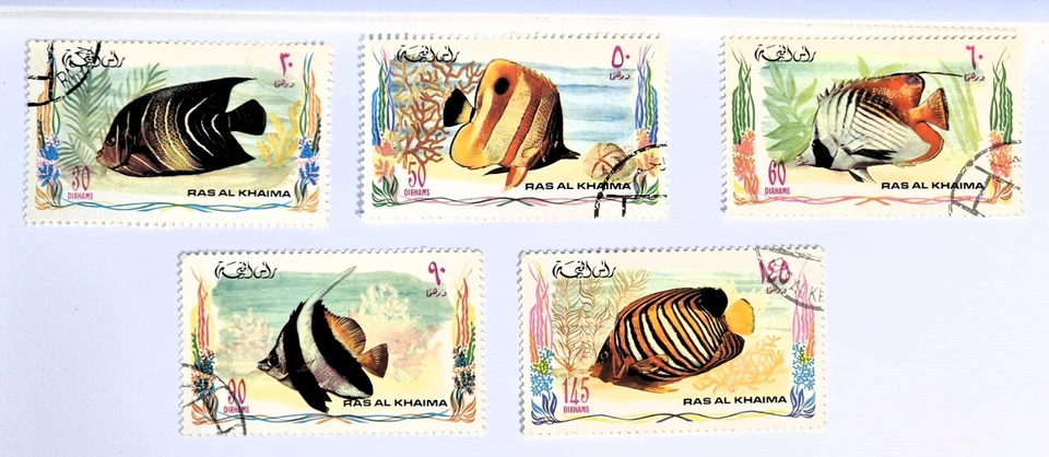 Ras Al Khaima (EAU) 1978 Juego de 5 sellos de peces usados (XF desquiciado) Foto 1 de 3