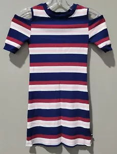 Tommy Hilfiger Girls' Small 7 Navy & Burgundy Stripe Open Shoulder Sweater Dress - Picture 1 of 7