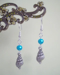 Pretty Turquoise Pearl and Sea Shell Charm Dangly Earrings - Holiday Beach - Picture 1 of 10