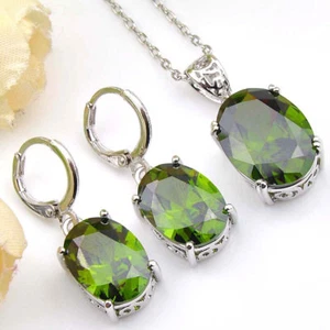 Mother's Day Jewelry Set Olive Peridot Gems Platinum Plated Pendants Earrings - Picture 1 of 7