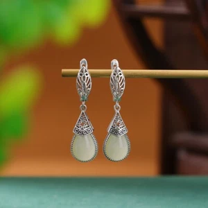 F02 Orecchini Geometrica Con Gocce Dal Chiare Giada Argento Sterling 925 - Foto 1 di 4
