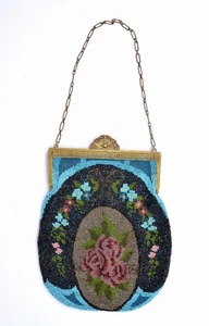 Victorian Micro Glass Bead Bag Purse Handbag Flowers - Picture 1 of 7