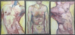 Set Of 3 Nude Male Torso Original Oil Paintings On Cardboard 21x15cm Unframed - Picture 1 of 23