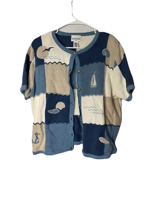 Vtg Breckenridge Sweater SailBoat Ocean Patchwork Knitted Cottage Core  Cardigan - Image 1 of 4