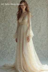 Vestido de novia beige boho tirantes de espagueti línea A largos de encaje mangas - Imagen 1 de 5