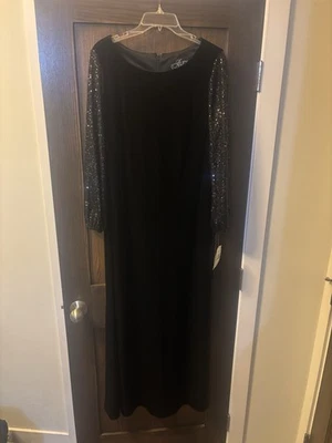 Vestido de noche largo de terciopelo negro Alex Evenings con mangas de lentejuelas, nuevo con etiquetas, 14.$199 R Foto 1 de 4