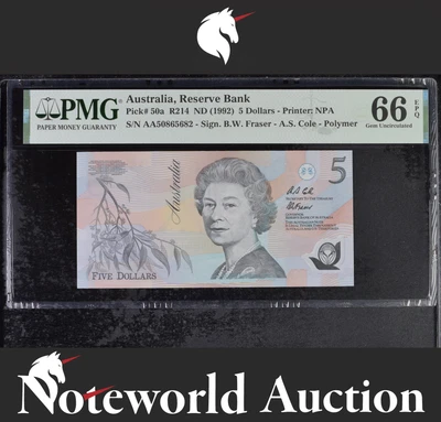 Australia 5 Dollars ND (1992) P 50a Polymer First Prefix AA UNC PMG 66 EPQ - Image 1 of 4
