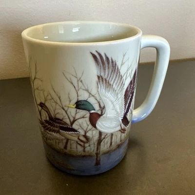 Винтажная японская деревянная кружка Otagiri с утками в полете кофейная чашка голубое озеро кряква - Изображение 1 из 4