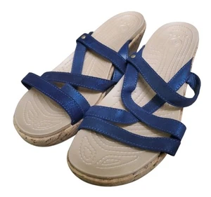 Crocs Women's A-Leigh Mini Leather Wedge Heel Navy Blue Suede Slip On Size 11 - Picture 1 of 6
