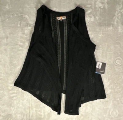 Volcom Cardigan Sweater Vest Womens Extra Small Black Open Knit Crochet - Image 1 of 4
