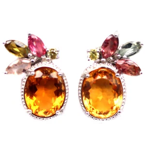 925 Silver 8 x 10 MM. Golden Yellow Citrine, Tourmaline & Sapphire Earrings - Picture 1 of 4