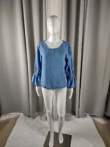 GAP Damen Denim Chambray Long Glockenärmel Rundhals Blau Shirt Top Bluse Gr. M - Bild 1 von 12