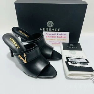 Versace Virtus Leather Open Toe Mule Heel Sandal Black Gold Size 38/8 NIB $900 - Picture 1 of 8