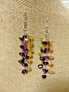 4 Strand Sterling Wire Wrap Dangle Citrine Amethyst Peridot Earrings - NEW FrShp - Picture 1 of 2