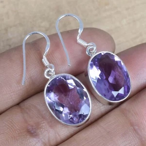 Pendientes Gancho Amatista Púrpura Natural Plata 925 Facetado Ovalado Piedras Preciosas Pendiente - Imagen 1 de 6