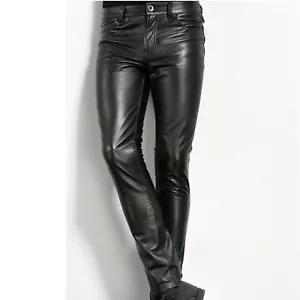 Men Slim Fit Genuine Black Leather Pant Casual Tight Fitting Trousers Biker Pant - Picture 1 of 5
