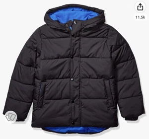 Amazon Essentials Kids 2-T Black Puffer Jacket Warm Winter Coat Lined Blue Hood - Picture 1 of 16