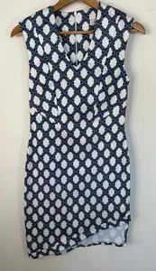 Maurie & Eve Ladies Size 10 Pencil Dress White Blue Stretch Asyymetrical Hem - Picture 1 of 6