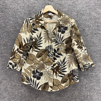 Hot Cotton Shirt Women PS Petite Beige Floral Button Up Collared 3/4Sleeve Linen - Image 1 of 4