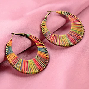 Women's Charm Geometric Rainbow Round Cotton Hoop Earrings Wedding Jewelry Gifts - Picture 1 of 9