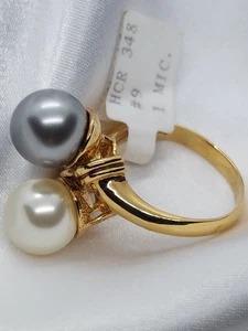 18 Karat Gold auf Sterlingsilber grau & weiß 13 mm Perlenring HC Größe 9 7,8 Gramm NEU - Bild 1 von 8