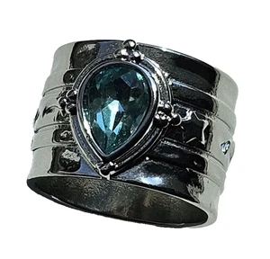 Elegant Bohemian Fashion Wide Ring Set with Cubic Zirconia (Blue) Size 10 Unisex - Picture 1 of 13