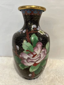 Vintage chinesische Cloisonné Blumenvase bunt schwarz emailliert 7,25" Messing.    b - Bild 1 von 5