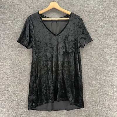 Spring & Mercer T-Shirt Women L Large Black Velvet V-Neck Short Sleeve Pockets - Image 1 of 4