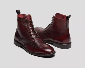 Bota hecha a mano para hombre con punta de ala borgoña brogue con cordones para hombre, botas de oficina - Imagen 1 de 4