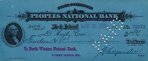 PEOPLES NATIONAL BANK AT ROCK ISLAND ILL, 1892, CHECK - Bild 1 von 2