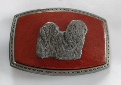 LONG HAIR DOG LHASA APSO ON A RED LEATHER PIECE SET ON  A BELT BUCKLE - Image 1 of 4