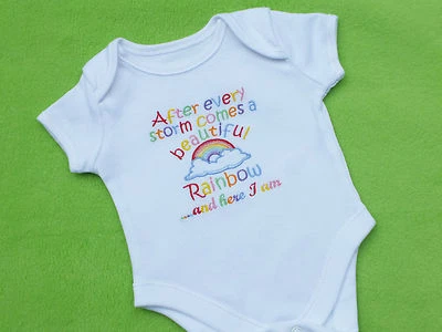 LESLEY ANN DESIGNS After a storm comes a beautiful rainbow here I am embroidered baby bodysuit vest