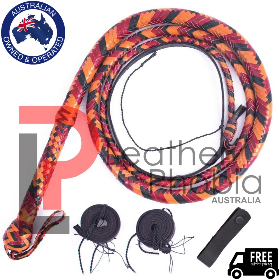 LEATHER PH Kangaroo Double Belly Leather Bullwhip 06 Feet Long 16 Plaited Heavy Bull Whip