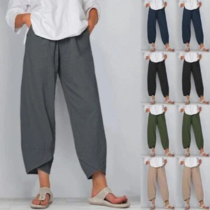 Summer Womens Ladies Cotton Linen Baggy Casual Harem Pants Trousers Plus Size US - Picture 1 of 15
