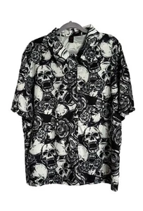 Romwe (J) Herren Schädel Rose Druck Shirt L schwarz weiß geknöpft entspannte Passform EUC - Bild 1 von 5