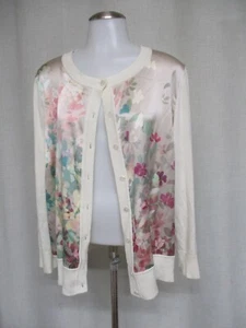 ST JOHN ivory knit wool cashmere blend silk floral front cardigan sweater sz XL - Picture 1 of 7