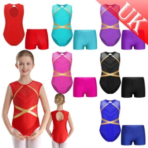 UK Kid Girls Sparkly Rhinestone Sleeveless Gymnastic Leotard Bodysuit Shorts Set - Picture 1 of 79