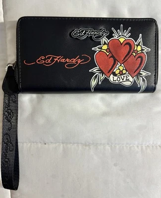 Ed Hardy Wristlet Wallet Y2K Tattoo Black Hearts Love Zip Around Credit Card NWT - Image 1 of 4