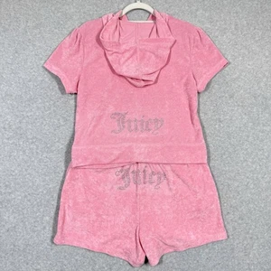 Conjunto de rizo Juicy Couture para mujer grande manga corta sudadera con capucha pantalones cortos rosa brillante nuevo con etiquetas - Imagen 1 de 14