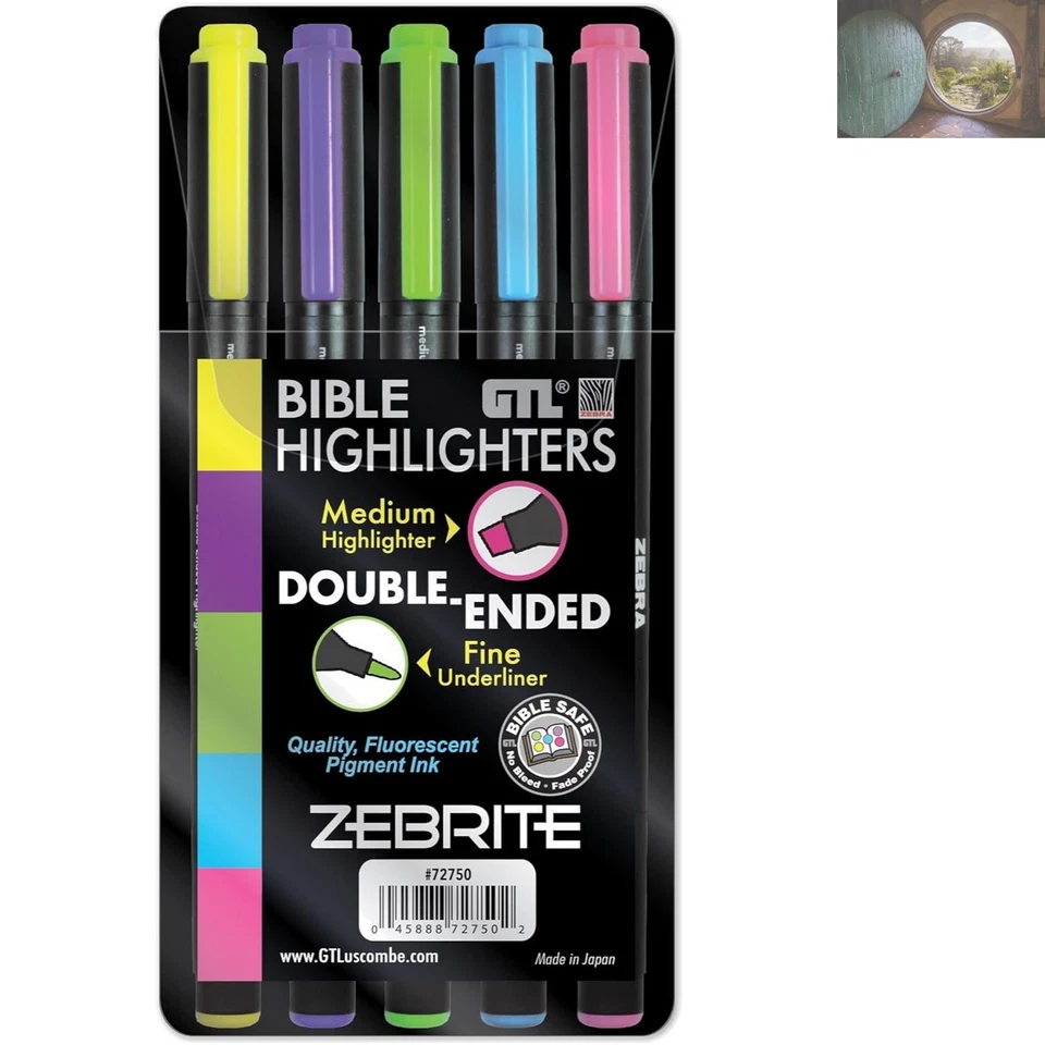 Set of 5 Zebrite Double Ended No Bleed Bible Highlighters 12724x