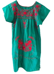 Vintage 80er Jahre grün Baumwolle bestickt Puebla Kleid mexikanische Tunika Ethno Style S - Bild 1 von 8