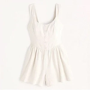 NWT Abercrombie & Fitch Beige Flirty Ruffle Flowy Romper Linen Blend Pockets Med - Picture 1 of 5