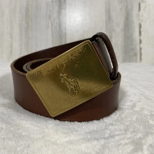 Polo Ralph Lauren Leather Belt Pony Brass Plaque Buckle Preppy Logo Men's Sz 34 - Picture 1 of 9